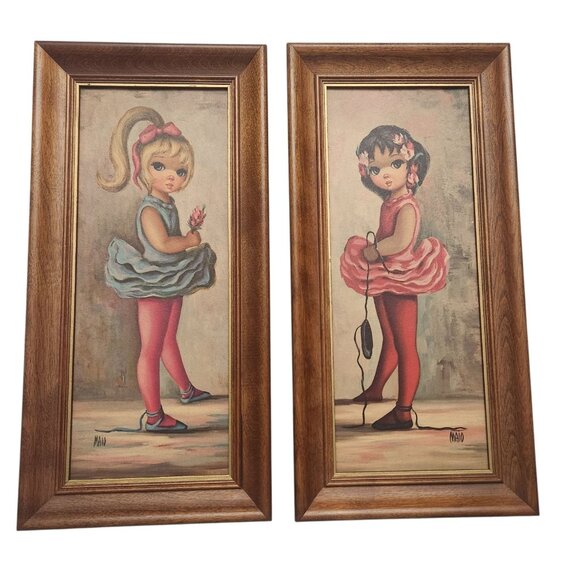 Vintage Maio Framed Big Eye Girls Ballerinas Framed Wall Hanging Art Set of Two - Picture 1 of 8